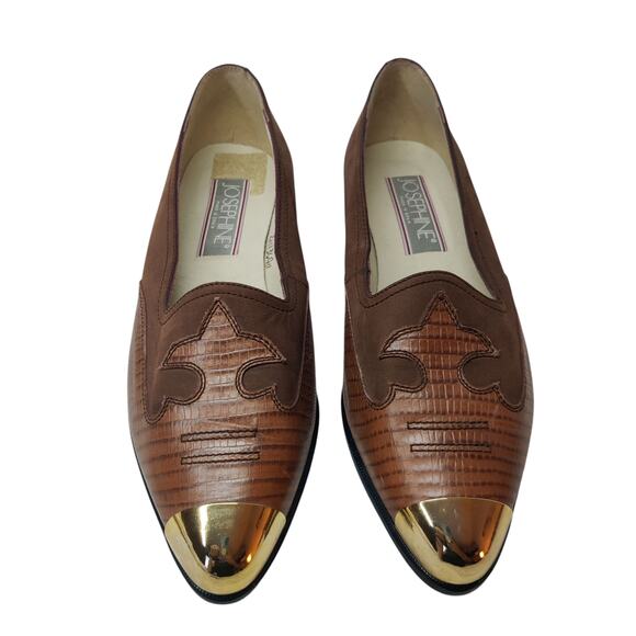 Vtg 90s Josephine Gold Capped Western Nubuck Leather Croc Embossed Flats 8 - Picture 2 of 12
